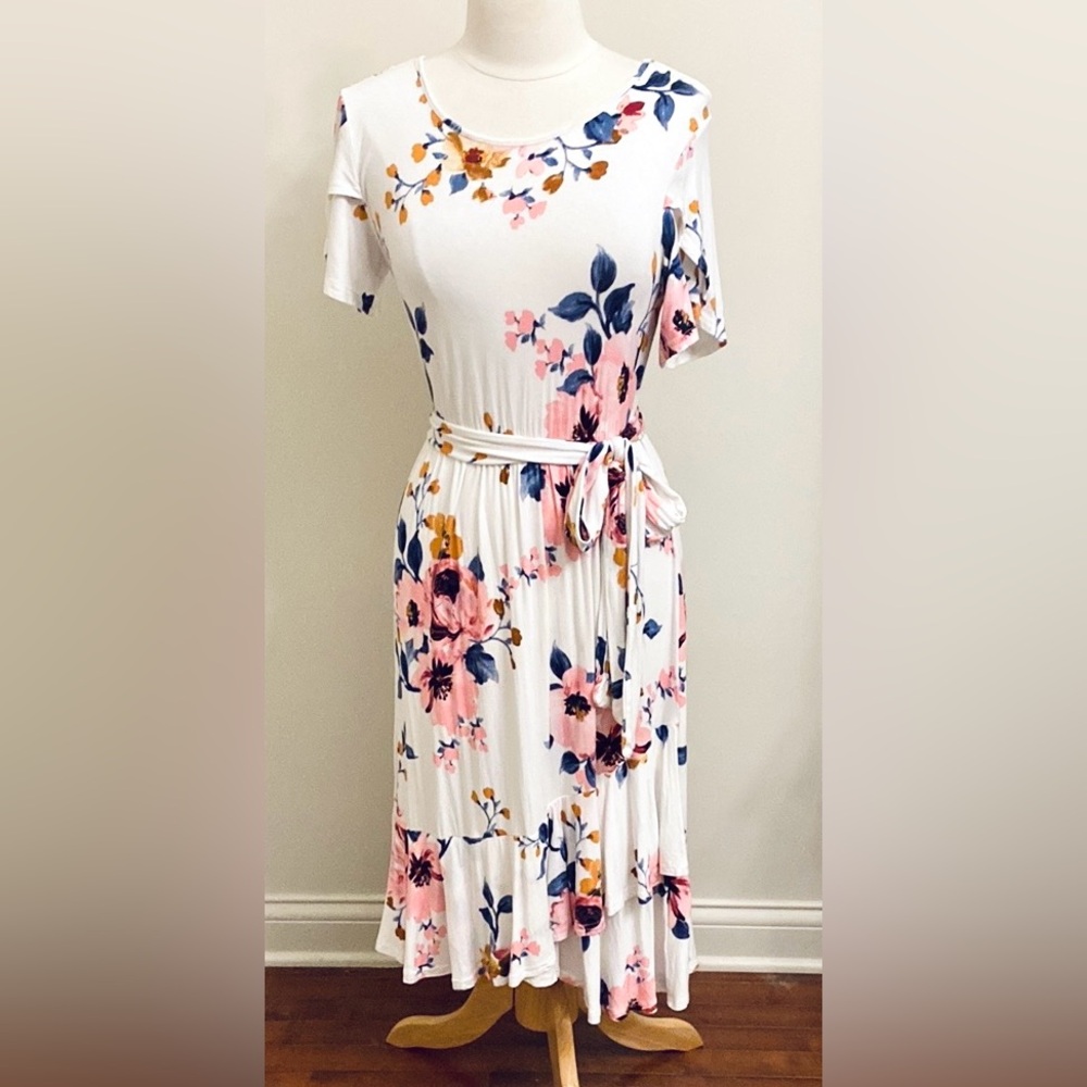 Levaca White Blue Pink Floral SZ S Romantic Boho Chic Coastal Ruffled Dress